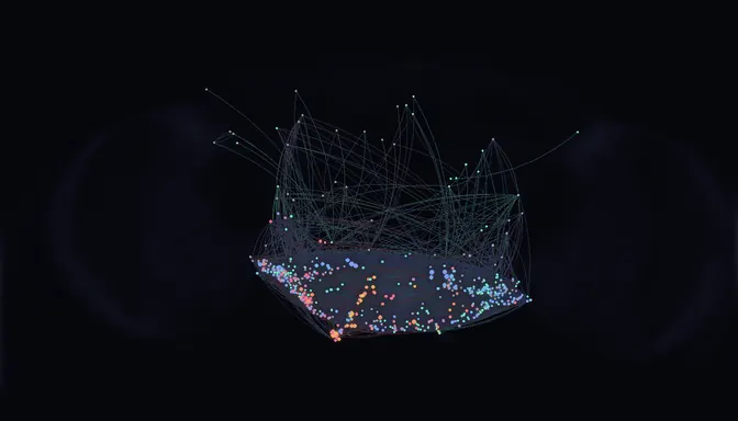 The data portrait: dots for neurons that fired, coloured by first spike, joined by thin connection lines.