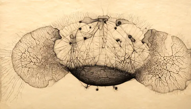 A fly brain in fine pen and ink on cream paper.