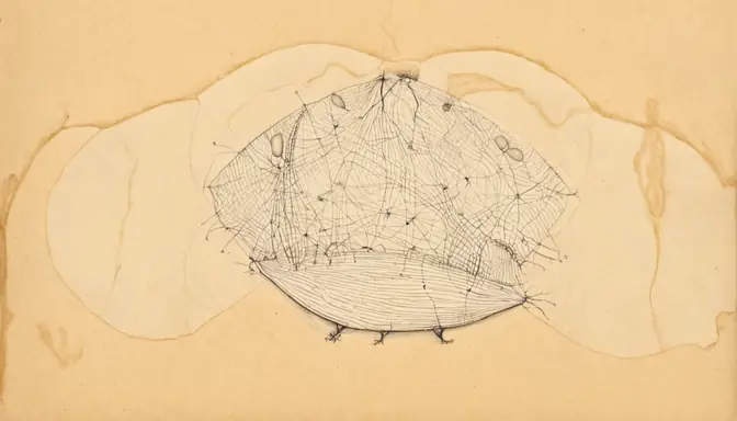 A pale ink drawing of the brain outline with a web of thin lines across its centre.