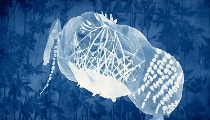 The brain as a white cyanotype print on deep blue.