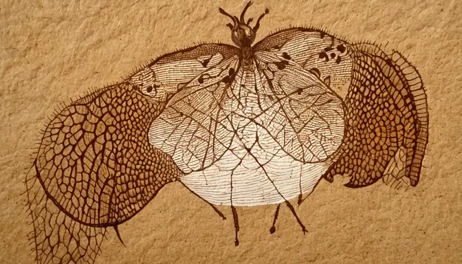 The brain seen from the side and above as a copper-brown etching.